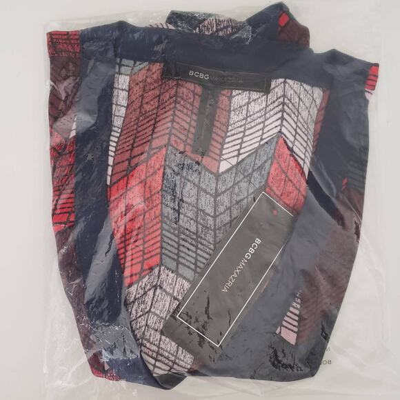 New BCBGMaxAzria Small Silky Wrap Peplum Blouse Top Geo Chevron Print Red Teal - Picture 11 of 12